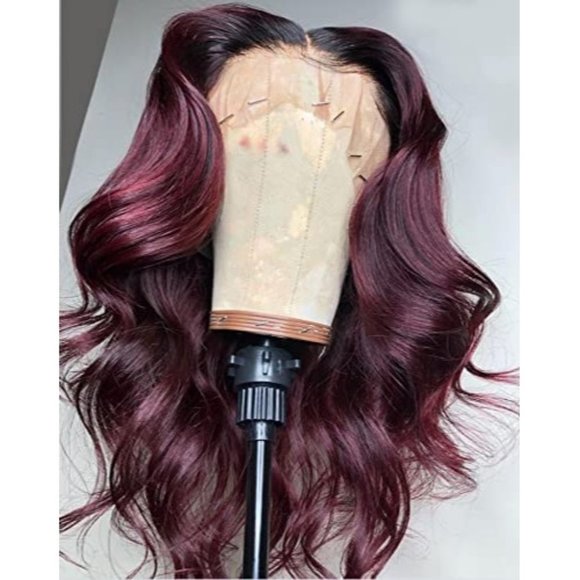1B Burgundy Short Bob Loose Wavy Lace Front Wig For Women